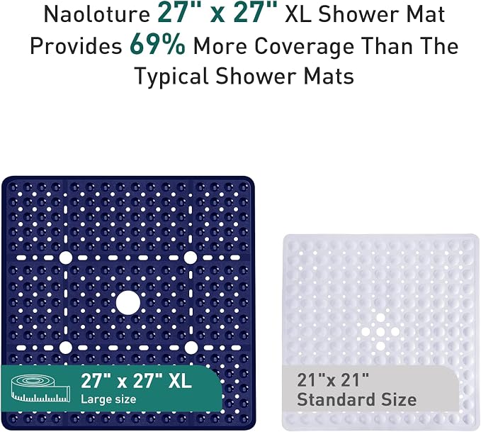 Large Square Shower Mat 27 x 27 Inch Navy Blue, Non Slip Shower Bathtub Mats for Inside Shower with Big Suction Cups Drain Holes, Anti Slip Bathroom Floor Stall Mats, Easy Clean, BPA-Free