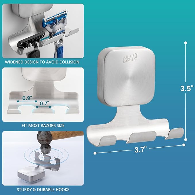TAILI Powerful Suction Cup Razor Holder 2 Pack, Stylish 304 Stainless Steel Bathroom Suction Hooks for Towel, Loofah, Bathrobe, Shaver Holder for Shower Wall, Easy to Install and Reuse, Silver