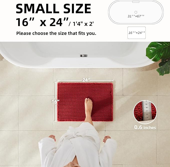 TYUU Waffle Bath Mat, Boho Bathroom Rugs Non Slip Washable Super Absorbent Quick Dry Bath Mat Farmhouse Bathroom Decor, 24"x16" Burgundy