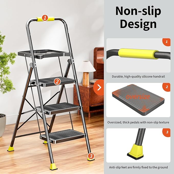 DIAMONDFORGE 3 Step Folding Ladder, 600lbs Capacity Steel Stool with Tool Platform, Wide Anti-Slip Pedal & Feet, Sturdy Steel Construction, Step Ladder for Home Office, Black Yellow