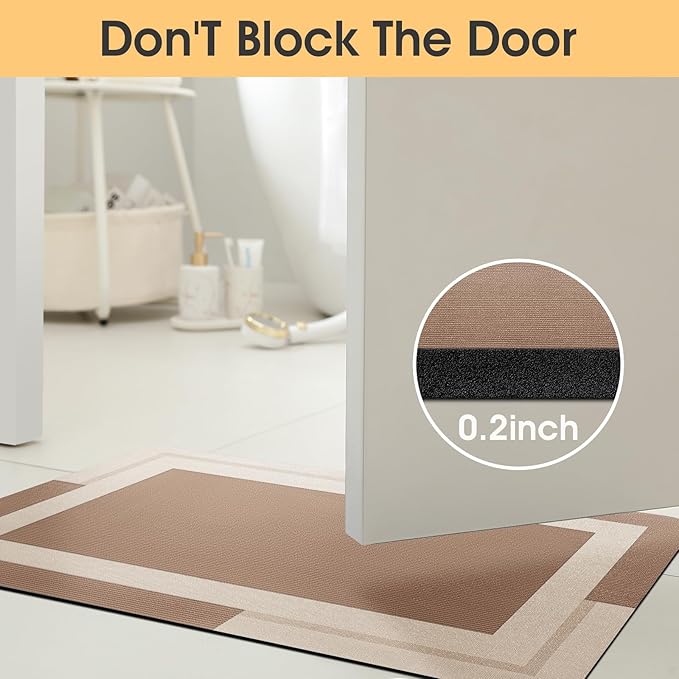 ACCUMTEK Non Slip Bath Mat, Thin Bathroom Rugs Fit Under Door, Quick Dry Bath Mats, Machine Washable Bath Rugs for Bathroom, Bathtub & Kitchen, Light Brown/Bordered/24 x17+48"x20"