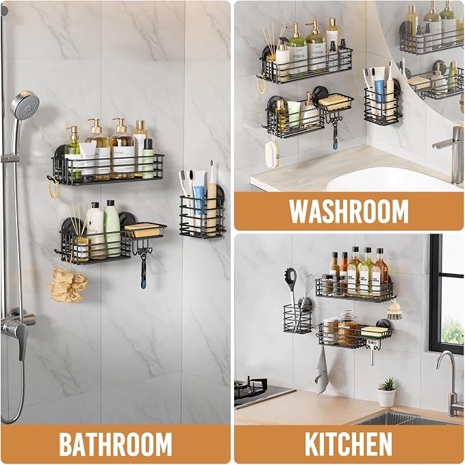 LEVERLOC Shower Caddy Suction Cup, 3 Pack Heavy Duty Bathroom Organizer for Inside Shower with Hooks & Soap Holder, Removable Bathroom Organizer, Rustproof Black Holder Storage Black