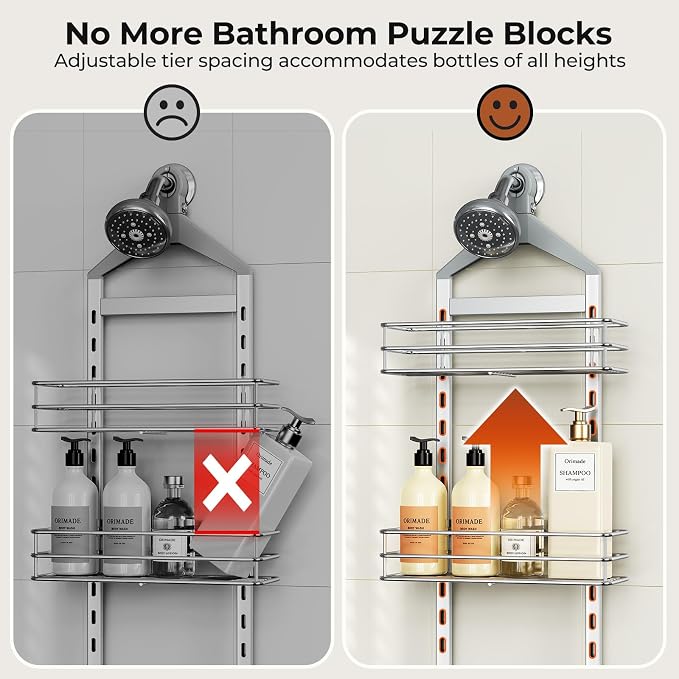 Orimade Aluminum Hanging Shower Caddy Over Head, Adjustable Anti-Slip Bathroom Shelves with Hooks, Rustproof Shower Organizer Storage Rack, Silver 3 Tier