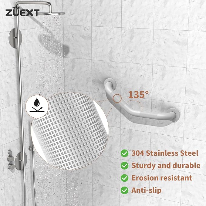 16 Inch Angled Grab Bar, ZUEXT Anti Slip Shower Grab Bar Handles, White Stainless Steel Knurled Bathroom Balance Bar, Safety Hand Rail Support for Handicap Elderly Injury Senior - 1.25" Diameter