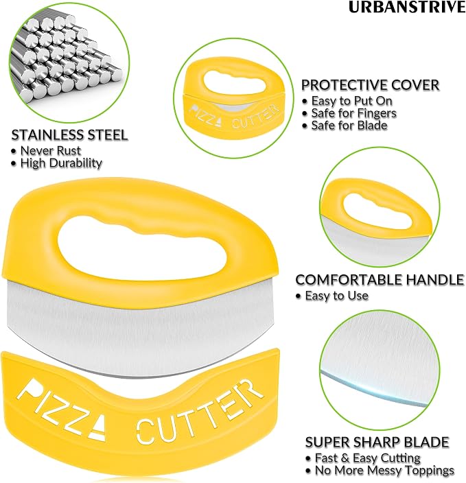 Urbanstrive Heavy Duty Stainless Steel Pizza Cutter with Cover, Super Sharp Blade Pizza Knife Pizza Cutter Rocker, Perfect Kitchen Gadgets for Pizza Cutting Home Essentials, Yellow