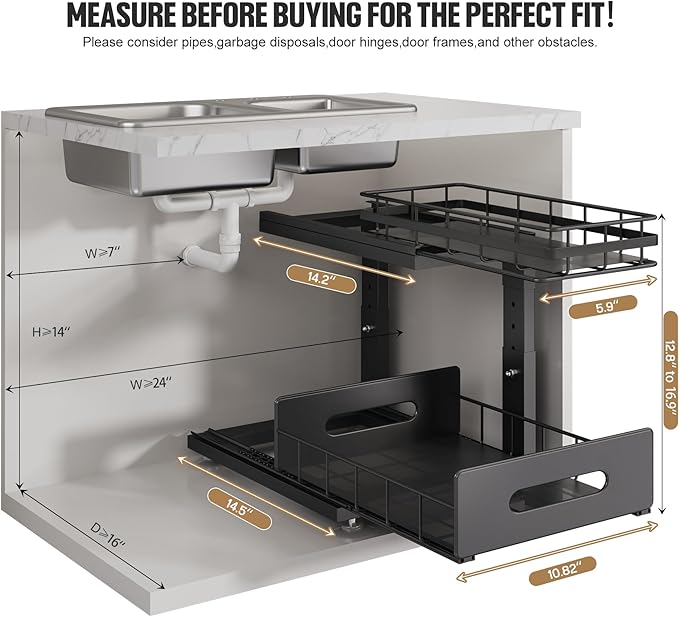 Under Sink Organizer Upgrade To Professional Rails,2-Tier Dual Pull Out Cabinet Storage,Height Adjustable Slide Out Drawers For Bathroom Kitchen,2 Pack-14.5" Dx12.8-16.9" H,Black