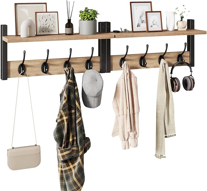 YMYNY 31.5" Coat Rack Wall Mount with Shelf, 2 in 1 Key and Coat Hanger with 8 Metal Hooks, Wall Shelf with Hooks & Mail Holder for Living Room, Bedroom, Light Natural, HWS001R-2