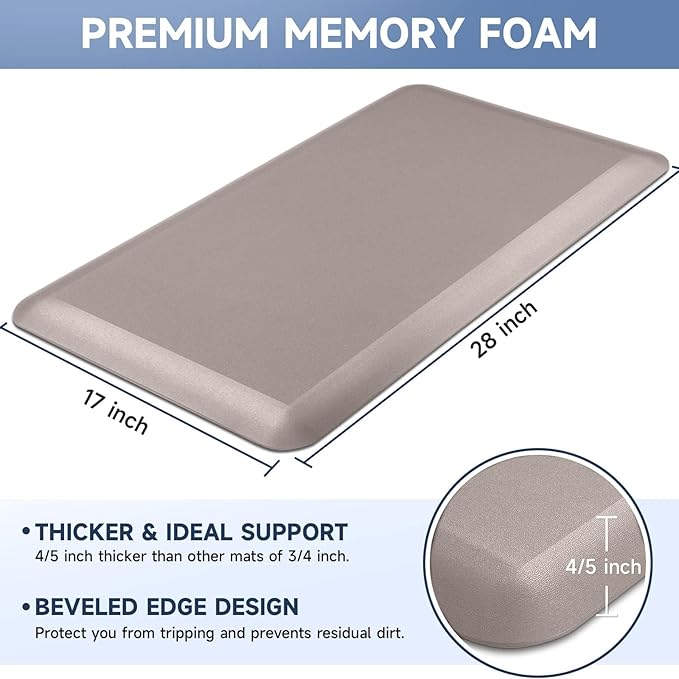 StepRite 4/5 Inch Thick Kitchen Mat Anti Fatigue Mat Kitchen Rugs Kitchen Decor Non-Slip, Stain & Water Resistant, Kitchen Mats Desk Mat for Kitchen, Office, Workshop, Khaki, 17'' x 28''