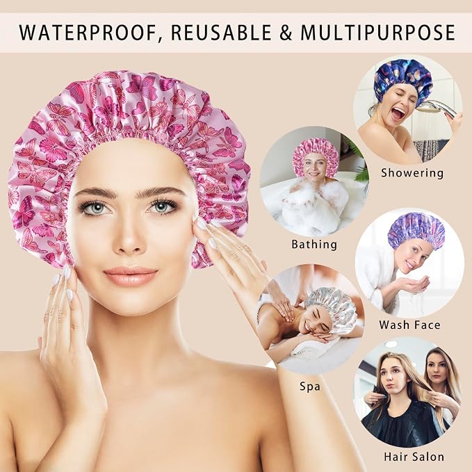 Shower Cap for Women,4 PCS Elastic and Reusable Bath Caps, Double Layers Shower Caps Reusable Waterproof, Bathing Shower Caps, Environmental Bath Hair Protection Cap - Butterfly E
