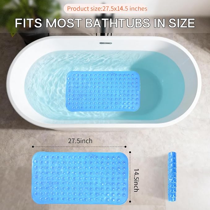 Anti-Slip Bathtub Shower mat, 28×15（ 70×37cm） inch Soft Oversized Machine Washable Non-Slip Bathtub mat with Drainage Holes, Bathroom Floor Suction Cup.（1-Sky Blue）