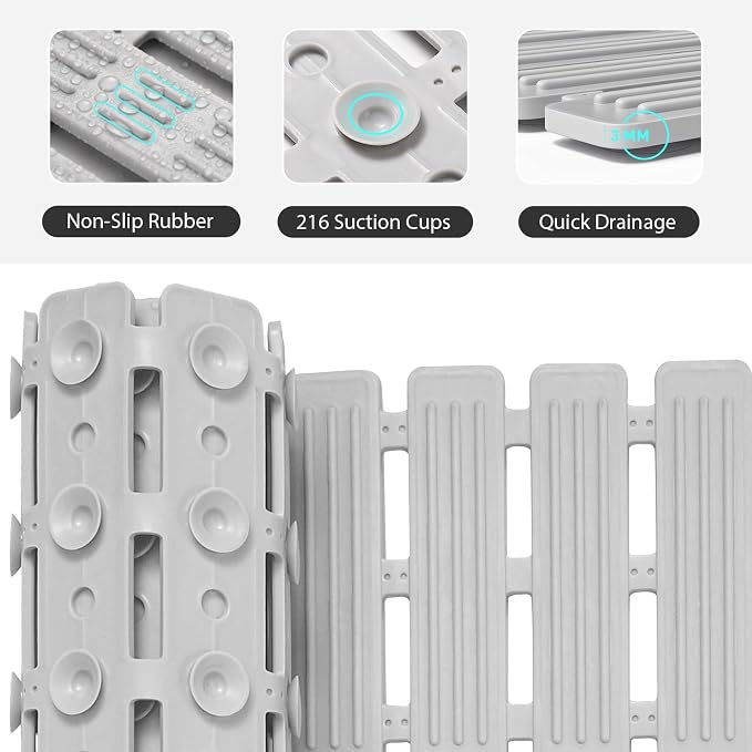 XIYUNTE Shower Mat Non Slip Bathtub Mat, 36 x 16 inches Rubber Bath Mat for Tub Non Slip Shower Mats for Inside Shower with Powerful Suction Cups and Drain Holes, Easy to Cut, Light Grey