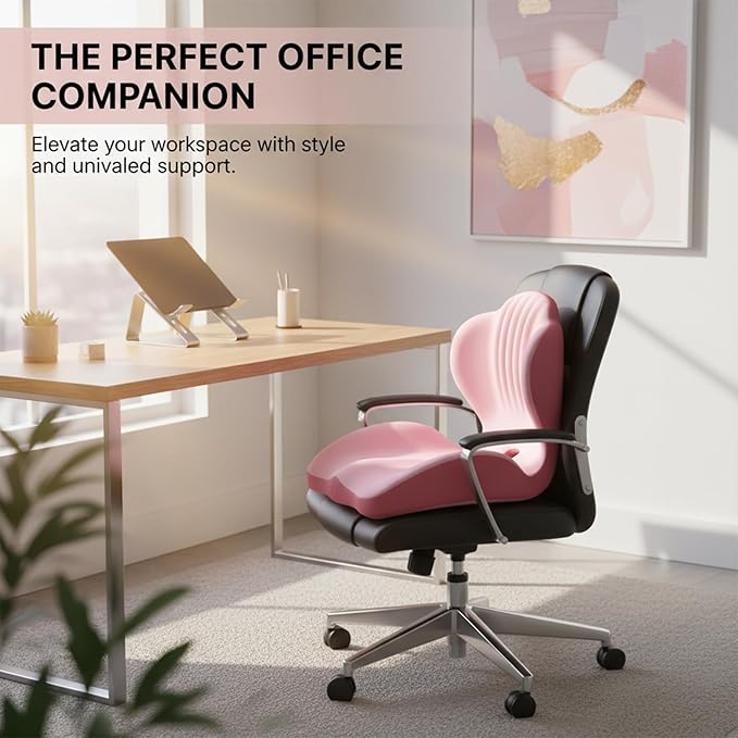 SakerPlus Ergonomic Seat Cushion Ergonomic Memory Foam Seat Cushion, L-Shaped Office Chair Cushion & Car Seat Cushion for Long Sitting, Lower Back Support Pillow for Office, Home, Driving (Pink)