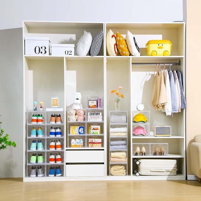 Freebat 10 Pack Closet Organizers and Storage,Clear Stackable Plastic Storage Bins with Lids Magnetic Doors,Clothes Organizers and Storage,Plastic Craft Containers for Wardrobe Kitchen Bathroom Office