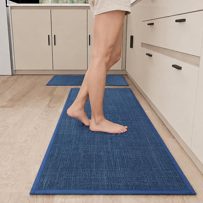 SUMLANS Kitchen Mat Set of 2 PCS, Cushioned Non Slip Rugs for Kitchen Floor, Absorbent Runner Comfort Standing Mats Washable for Kitchen, Office, Home (Dark Blue, 17.3"x47"+17.3"x30")