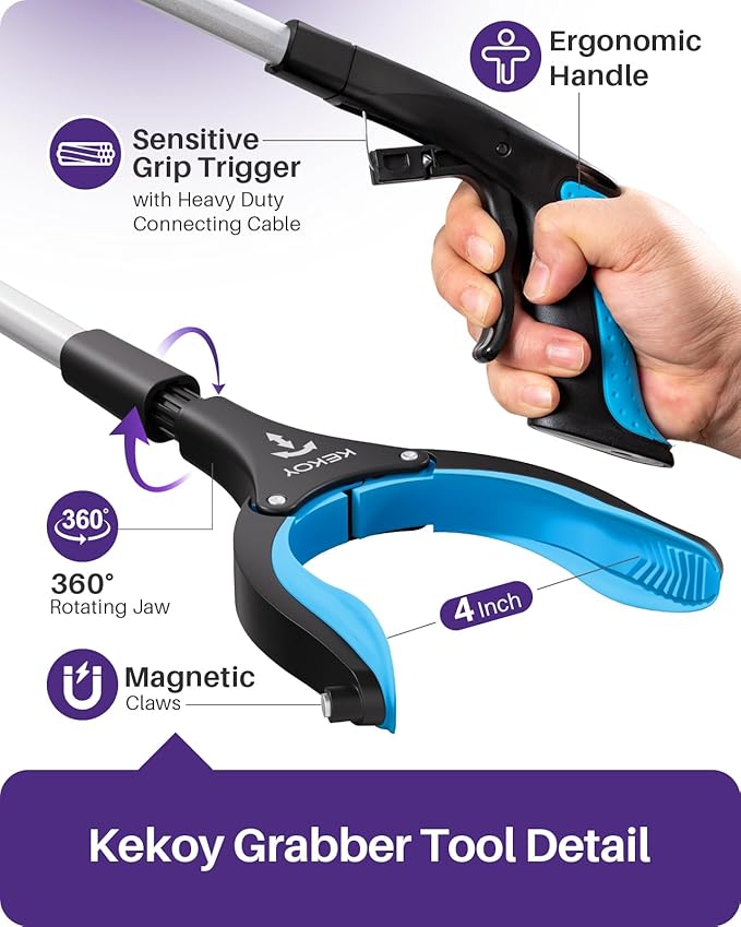 Kekoy 44 Inch Grabber Reacher Tool for Seniors 2 Pack, Foldable Reacher Grabbers Pickup Stick with Anti-Slip 360° Rotating Jaw, 4" Wide Extended Claw with Magnet for Disabled, After Surgery Recovery