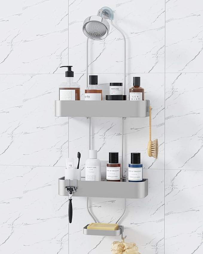 Kitsure Shower Caddy Hanging - No-Drill Bathroom Organizers and Storage, Wobble-Free Bathroom Shelves with Adhesive Tapes, Rust-Proof Shower Storage for Toiletries, Silver, 28.5" H