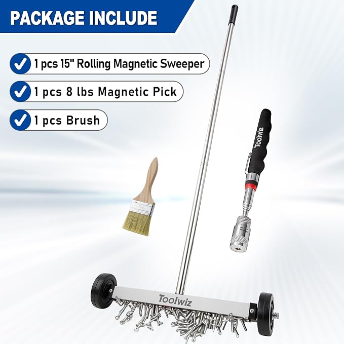 Toolwiz 15" Rolling Magnetic Sweeper 10lbs, with 8 lbs Telescopic Magnetic Pick Up tools with LED light– Telescoping Holder to Pick Up Nails Magnetic Sweeper for Construction