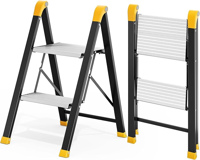 KINGRACK Aluminum Step Ladder, 2 Step Ladder Folding Design, Step Stool Foldable with Safe Grip, Non-Slip Handrails, Safety Lock, Heavy Duty 330LBS for Home, Kitchen, Garage, RV, Black