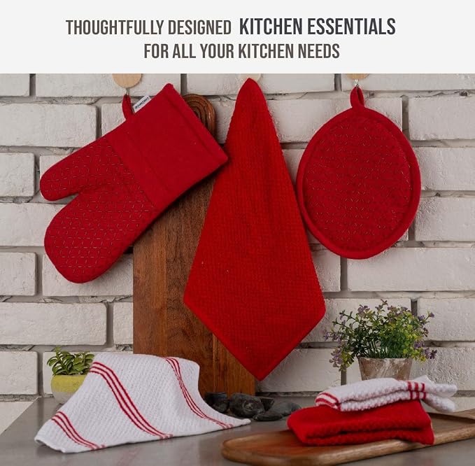LANE LINEN 16 Pc Kitchen Dish Towels Set - 6 Absorbent Terry Kitchen Hand Towels, 6 Dish Cloths for Washing Dishes, 2 Silicone Grip Potholders & 2 Silicone Oven Mitts - Red
