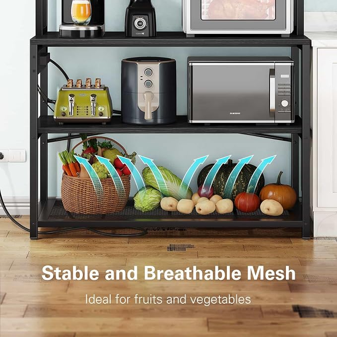 Denkee Large Bakers Rack with Power Outlets, 38 Inch Microwave Stand with Storage, 5-Tier Coffee Bar Stand, Industrial Kitchen Shelf Rack, Black