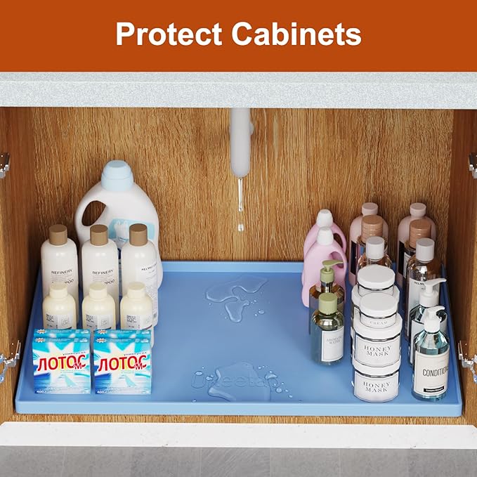 ukeetap Extra Thick Silicone Mat Waterproof with Raised Edge 22" x 19", Under Sink Mat for Kitchen & Bathroom, Kitchen Cabinet Liner, Multi-Purpose for Storage & Protection, Blue