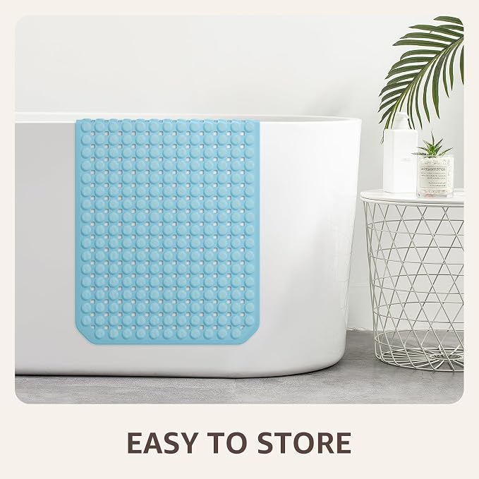 OTHWAY Bath Tub Shower Mat Non Slip, Bathtub Floor Liner Mats for Inside Shower Bathroom, Suction Cups and Drain Holes for Feet Scrubbing, Machine Washable, Soft on Feet, 35x16 Inch, Blue