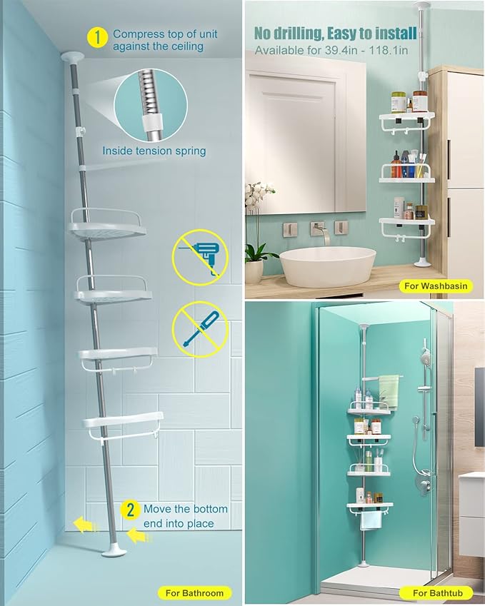 ADOVEL 4 Layer Corner Shower Caddy, Stainless Steel Constant Tension Pole Shower Organizer, Adjustable Corner Shower Shelf, Rustproof 3.3 to 9.8 ft