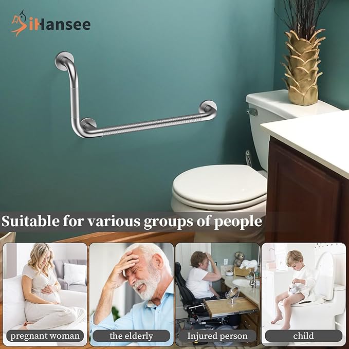Brushed Nickel Angled Grab Bar 12x24 Inch, iHansee Bathroom Safety Bar w/Anti-Slip Knurled Grip, Wall Mount L-Shaped Shower Handle for Elderly Senior Handicap, Toilet Bathtub Balance Support Bar