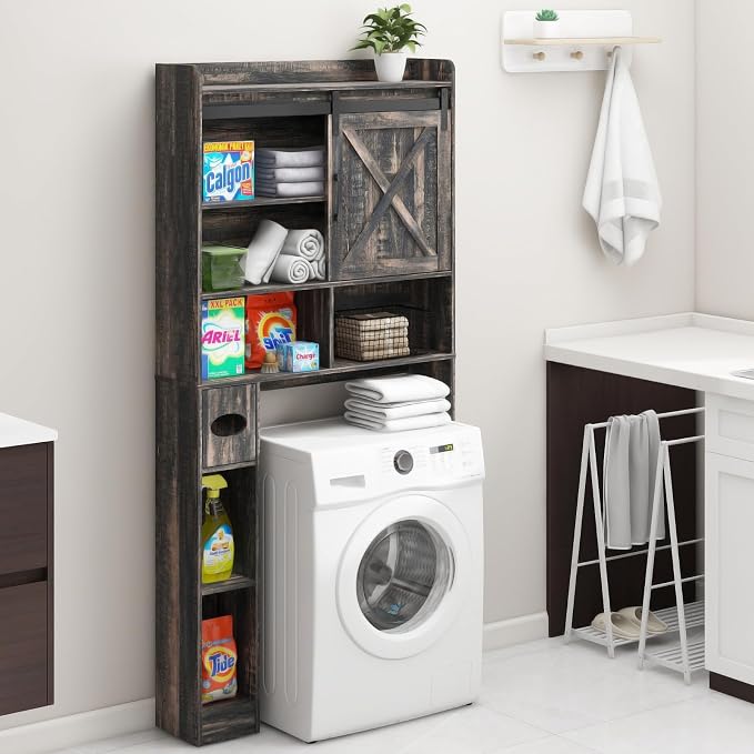Vabches Over The Toilet Storage Cabinet, Farmhouse Storage Cabinet Over Toilet with Sliding Doors & Toilet Paper Holder Stand，Home Space-Saving Toilet Rack, for Bathroom, Laundry(Dark Grey)