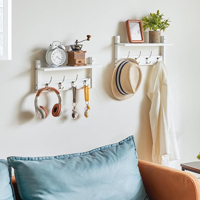 YMYNY Coat Rack Shelf Wall Mounted, Coat Hooks Set of 2, Entryway Coat Hanger with 4 Double Hooks, 31.5" Wall Floating Shelf with Hat Rack, for Kitchen, Bedroom, Bathroom, White UHWS001W-2