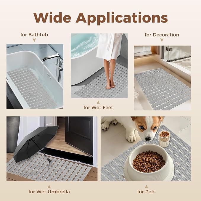 Bathtub Mat Non Slip for Bathroom with Suction Cups and Drain Holes 35.4 * 15.7 Shower Mat for Inside Shower, Quick Dry Bath Mat for Baby Kids Seniors Pregnants Adults, Easy to Cut, Easy Dry