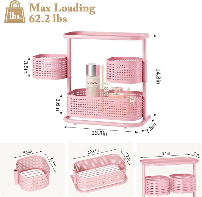KINGRACK 3 Tier Pink Bathroom Counter Organizer, Rotating Makeup Organizer for Vanity, Perfume & Skincare Standing Shelf, Vanity Tray for Bathroom Countertop Storage, Pink