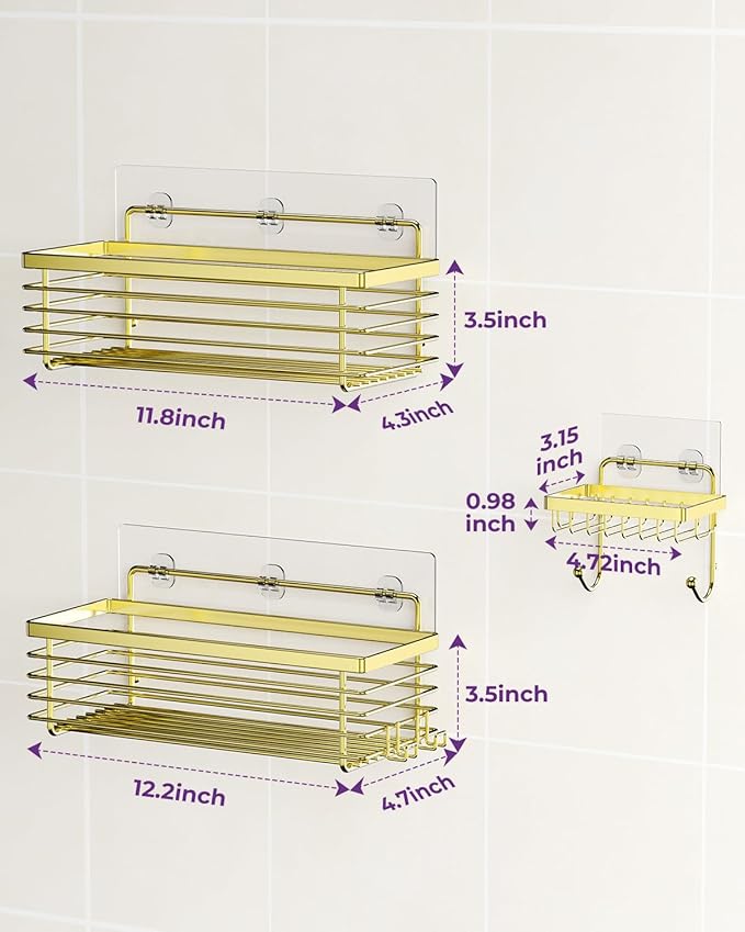 ODesign Shower Caddy 3 Pack SUS304 Stainless Steel-No Drilling-Shower Bathroom Shelves Rack,Rustproof Wall Mounted,Adhesive Shower Shelf Basket Organizer-Golden