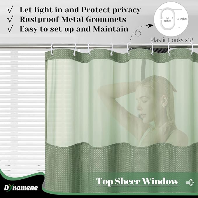 Dynamene Fabric Shower Curtain with Snap in Liner, Sage Green Waffle Hotel Shower Curtains for Bathroom, Washable Waterproof Cloth Shower Curtain Liner Set with Plastic Hook, Mesh Top Window, 72x72