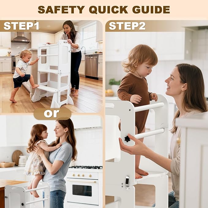 Woodure 4-in-1 Toddler Kitchen Step Stool, Learning Standing Tower with Whiteboard, Wooden Kitchen Stool Helper for Kids, 1-3 Year Old Boy Girl Gifts-White