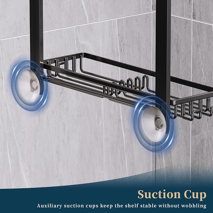 Consumest Over The Door Shower Caddy - 4 Tier Adjustable Hanging Shower Organizer Shelf with 2 Soap Holders & 22 Hooks, Rustproof Easy Installation Hanging Storage Rack for Bathroom, Black