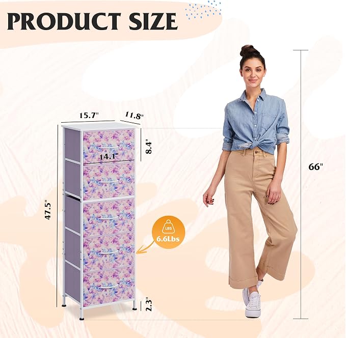 WLIVE Fabric Dresser, 5-Drawer Tall Dressers for Bedroom, Storage Dresser Organizer with Fabric Bins, Wood Top, Sturdy Steel Frame, Chest of Drawers for Closet, Tie-dye Print (Pink, Purple, Blue)