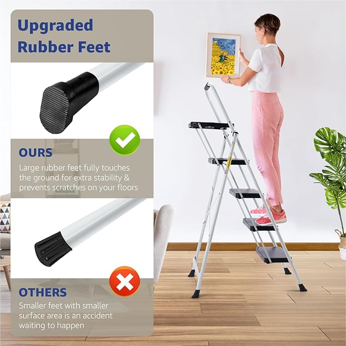 4-Step Ladder with Wide Anti-Slip Platform & Thick Rubber Feet | Heavy Duty Foldable & Portable | 330 lbs Capacity, Steel Frame, Rubber Handgrip, Folding Step Stool