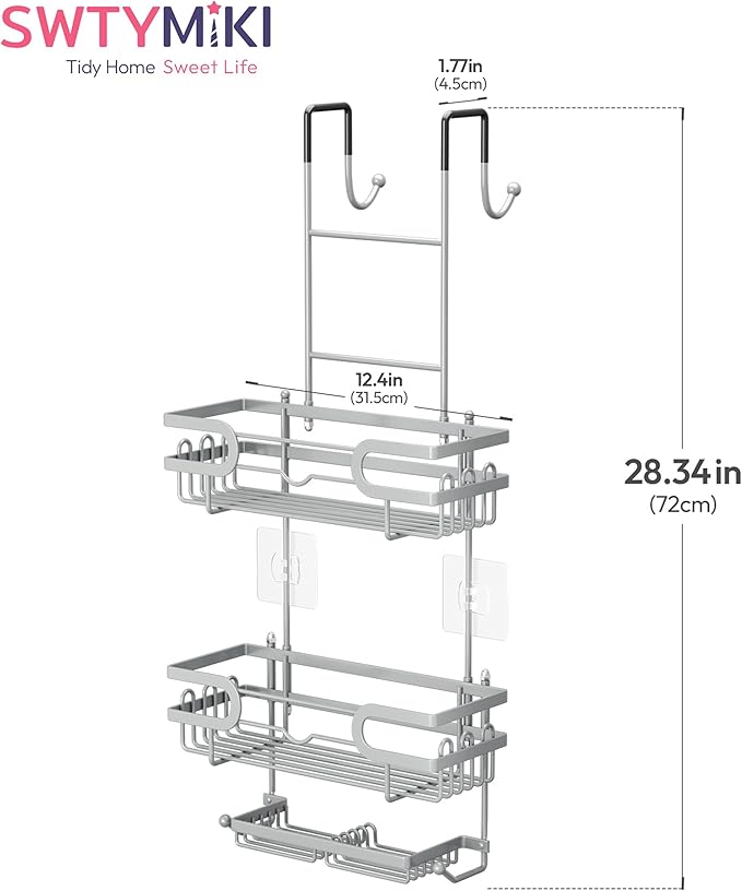 SWTYMIKI Over the Door Shower Caddy Hanging with Double Soap Holder, Hanging Shower Organizer with 16 Hooks, No Drilling Shower Shelves Over Door, Bathroom Rack and Storage, Silver