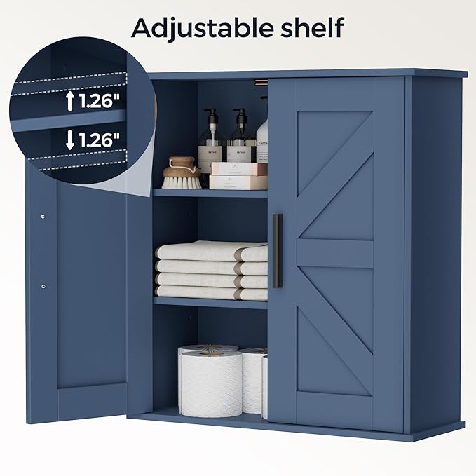 Homleke Bathroom Wall Cabinet, Over Toilet Storage Cabinet with Barn Doors and Adjustable Shelves, 3-Tier Medicine Cabinet Wall Mounted, for Bathroom, Kitchen, Entryway, Laundry Room, Blue, (7.9" D)