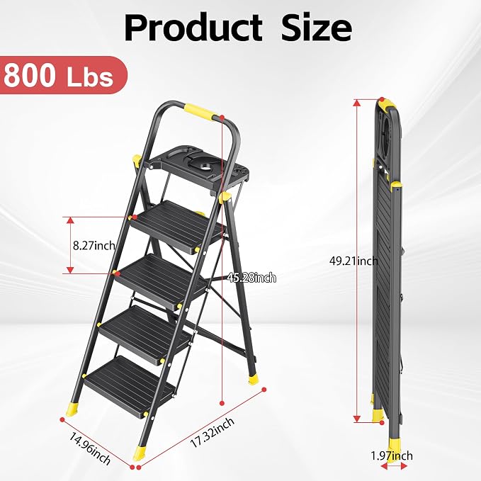 4 Step Foldable Step Ladder with Mutifunctional Tool Tray, Platform Ladders Stepstools, Step Stool 4 Step Folding with Non-Slip Pedals, 800lbs Bearing Capacity for Adults, Home, Kitchen, Black Yellow