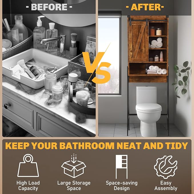 Over The Toilet Storage Cabinet, Behind Toilet Bathroom Organizer with Adjustable Shelves, Above Toilet Organizers with Barn Door, Space Saver for Restroom, Bathroom, Laundry, Brown
