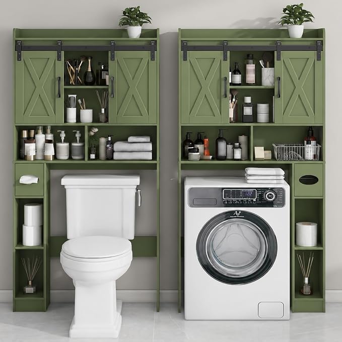 Vabches Over The Toilet Storage Cabinet, Farmhouse Storage Cabinet Over Toilet with Sliding Doors，Home Space-Saving Toilet Rack, for Bathroom, Restroom, Laundry, Green