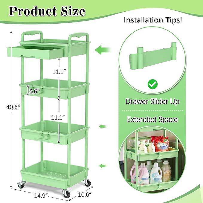 SUNALLY 4 Tier Rolling Utility Cart with Drawer, Storage Organizer Cart with 2 Lockable Wheels, Multifunctional Rolling Storage Cart for Bathroom, Kitchen, Craft, Makeup, Baby Essentials, Green