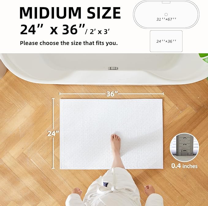 TYUU Bathroom Rugs Non Slip Washable, Super Absorbent Thin Bath Mat Quick Dry Low Pile Bathroom Rug, White 24"x36"