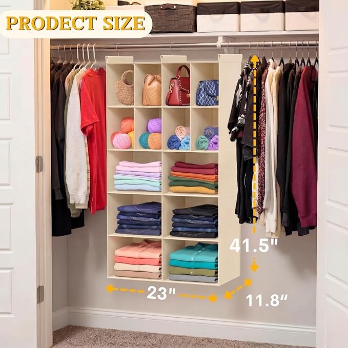 Ofiray-home 5 Tier Hanging Closet Organizer, 14 Compartments Sweater Organizer for Closet with 3 Sturdy Hooks, Closet Organizers and Storage, Wardrobe, Rv, Garment Rack, Beige