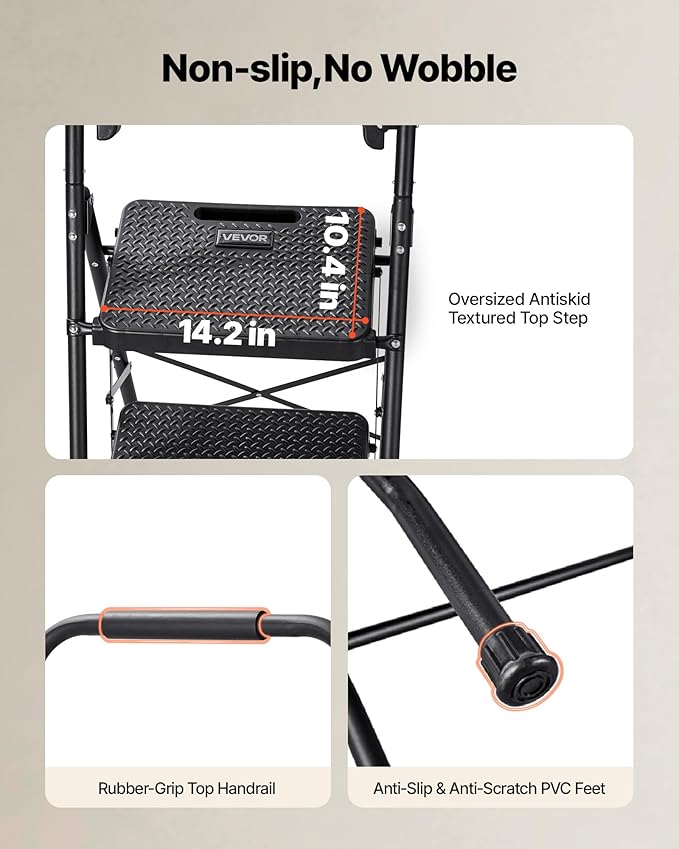 VEVOR 4 Step Ladder, Folding Step Stool with Wide Anti-Slip Pedal, Tool Tray, Comfort Handgrip, 600 lbs Capacity Portable Steel Ladder, Multi-Use for Kitchen, Home, Household and Office, Black
