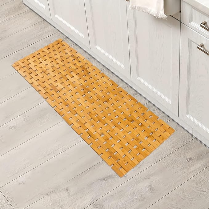 Bath Mat Bathroom Runner Long Large Rugs Floor Wood Shower Bathtub Waterproof Non Slip Accessories 16x34 Inch Easy to Clean, Natural, 1 pc