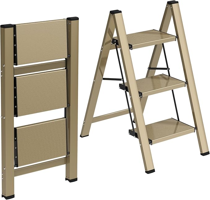 HBTower Step Ladder,Lightweight Aluminum Folding Step Stool with Anti-Slip Wide Pedal,330lbs Capacity Step Ladder for Household,Kitchen,Office - Gold