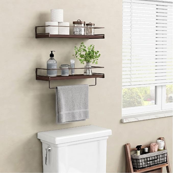 Forbena Dark Brown Kitchen Shelves Wall Mounted Set of 2, Walnut Brown Floating Kitchen Wall Shelves with Rail, Hanging Shelves for Kitchen Wall Coffee Bar (Wooden Pine Wood)